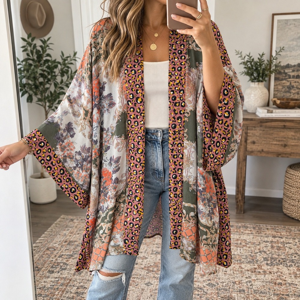 Aratta Silent Journey Anthropologie Kimono S/M Leopard Floral Boho Mixed Print